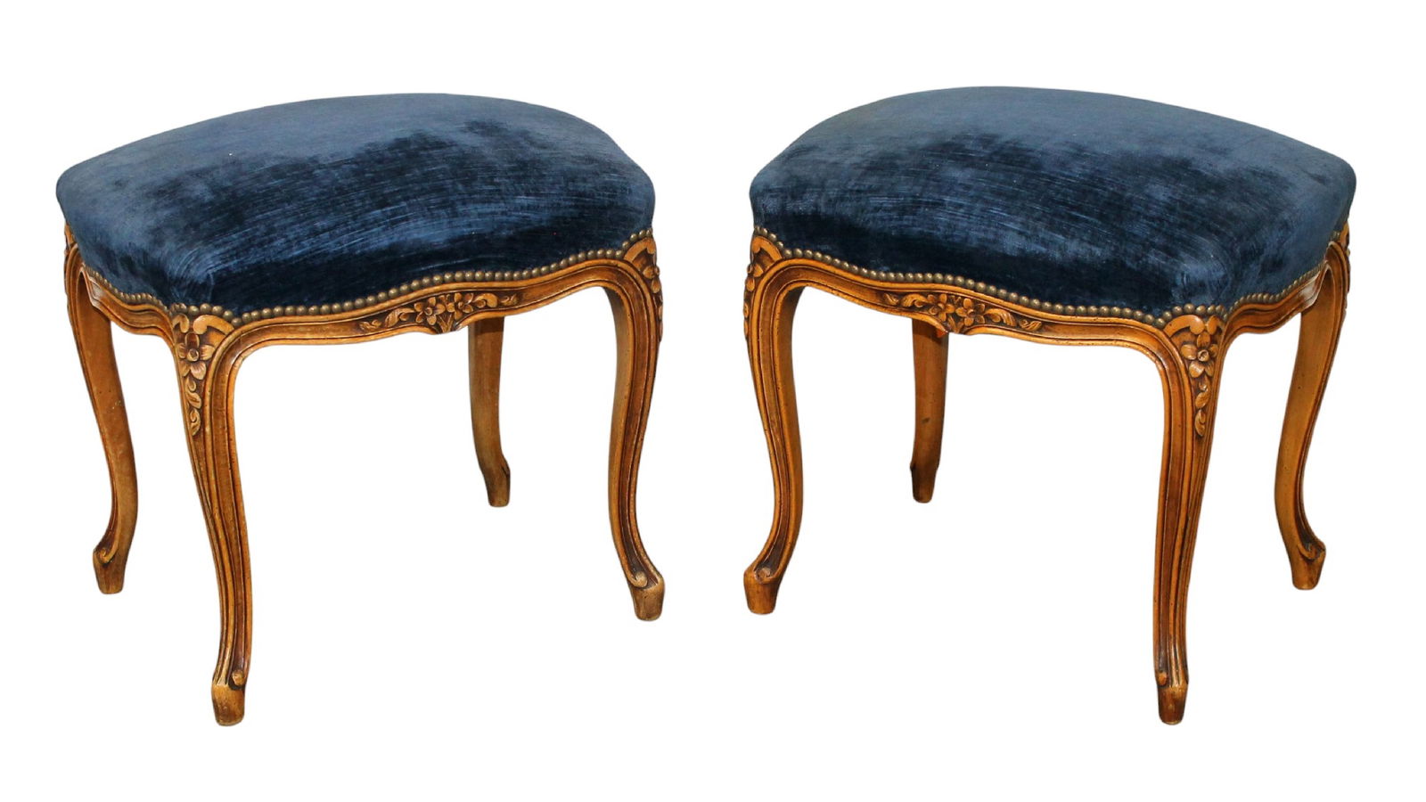 Pair French Louis XV style foot stools in carved walnut (1 of 8)