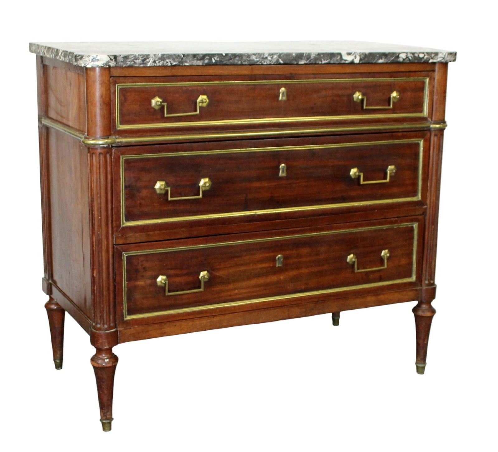 French Louis XVI 3 drawer commode in walnut with banded drawers (1 of 9)
