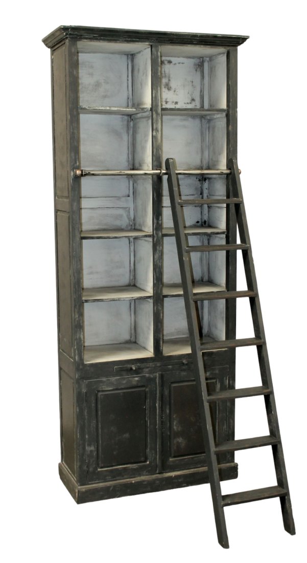 French bookcase in painted finish with cubbies and ladder. (1 of 9)