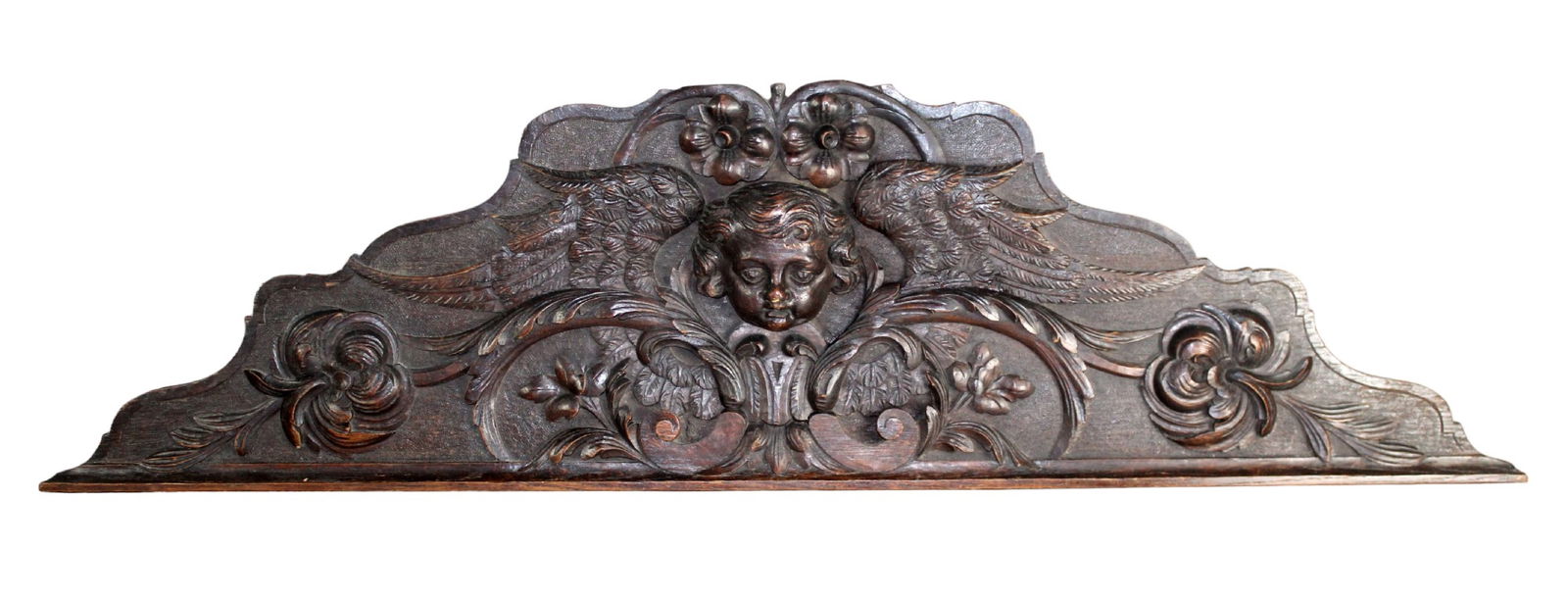 French carved oak overdoor panel with cherub mask (1 of 8)