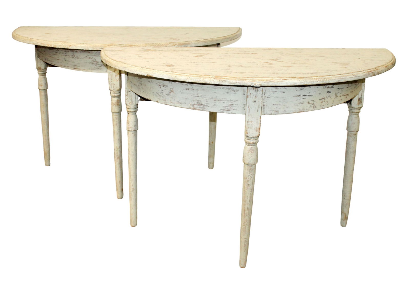 Pair Swedish demi lune painted pine console tables: Pair Swedish demi lune painted pine console tables. Mid 19th century. 29 1/2"h x 46 1/2"w x 22 1/8"d or 44 1/4"d