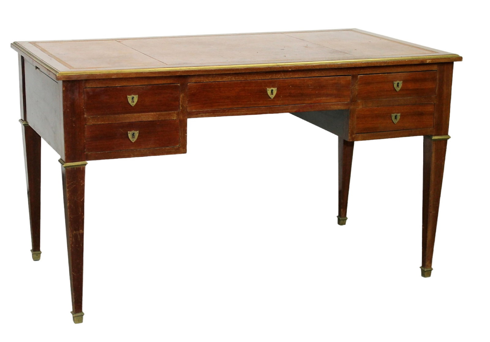 French Directoire bureau plat desk with tooled leather top: French Directoire bureau plat desk with tooled leather top and bronze trim. 30"h x 51 1/4"w x 27 1/2"d