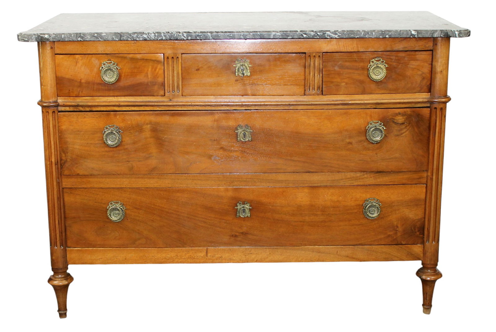 French Louis XVI 3 over 2 drawer commode in walnut with marble top (1 of 12)