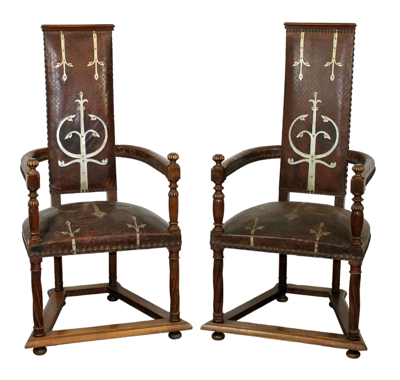 Pair of French high back throne chairs with tooled leather (1 of 11)