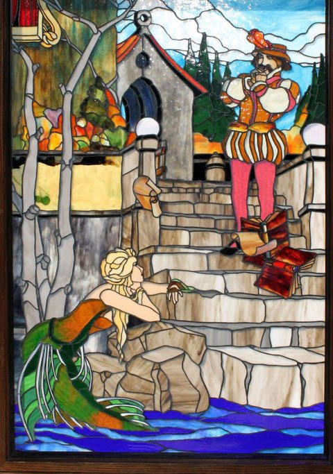 Stained glass window of "Storybook" courting scene with castle: Stained glass window of allegorical "Storybook" courting scene with castle. Signed by glass makers: D. William Johnson and Claire D. Juliek, As You Like It Studio, 1988. Overall with frame 69"h x 50"w