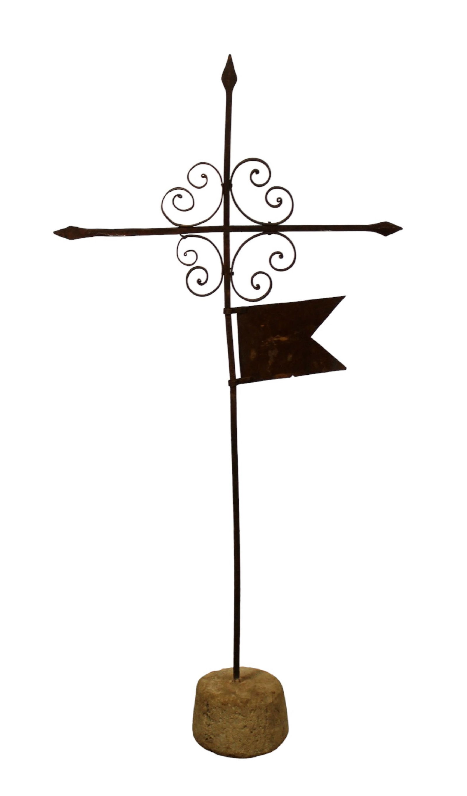 French wrought iron cross roof finial mounted in stone base (1 of 6)