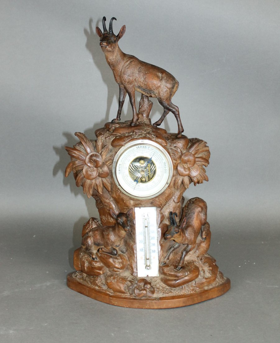 Black Forest carved walnut barometer with antelope (1 of 10)