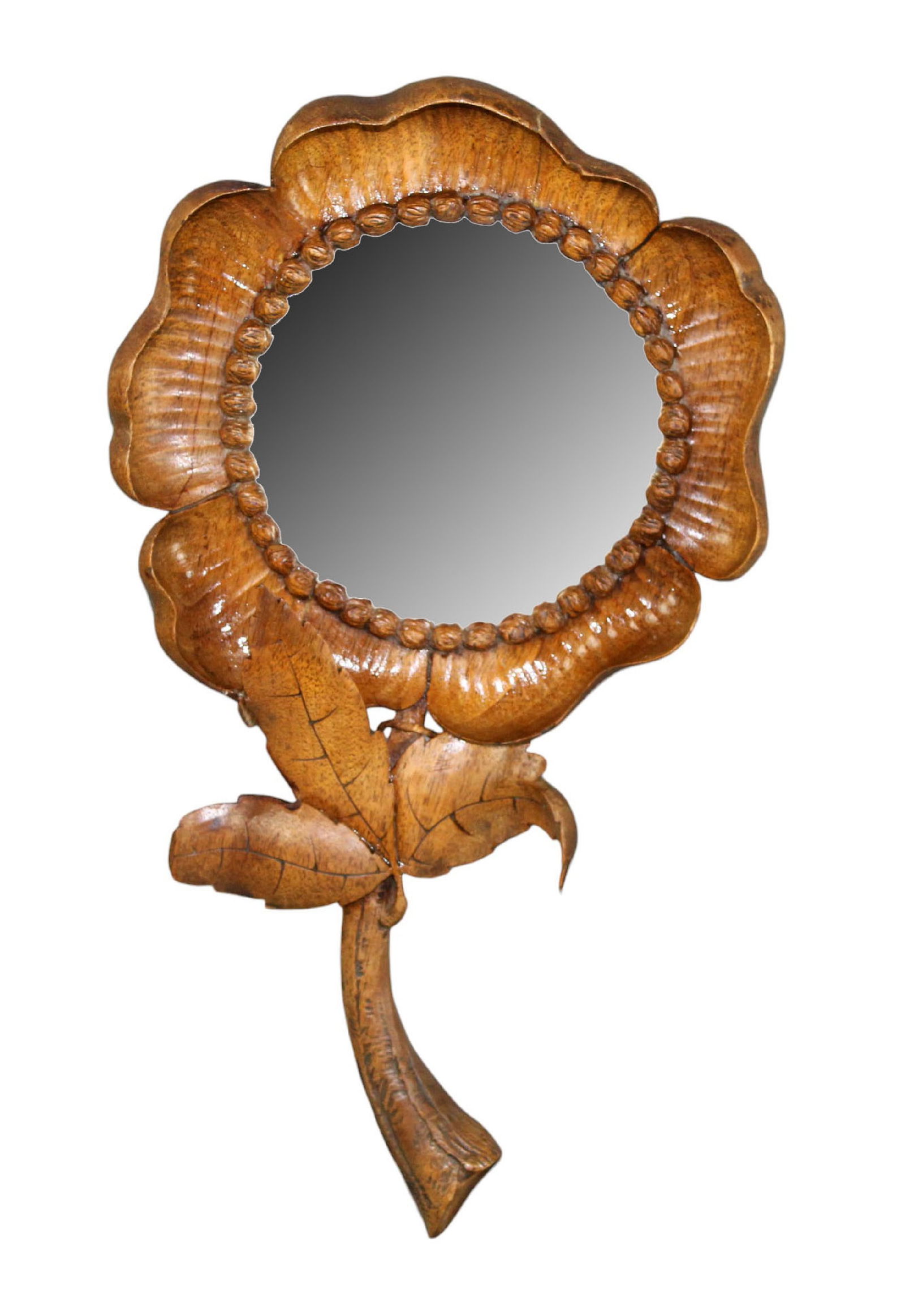 Swiss Black Forest carved walnut flower-form hand mirror made in Chamonix (1 of 10)