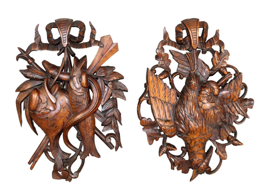 Lot of 2 Black Forest relief carved walnut trophy plaques (1 of 5)