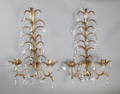 Pair Italian gilt metal candle wall sconces with crystal teardrops