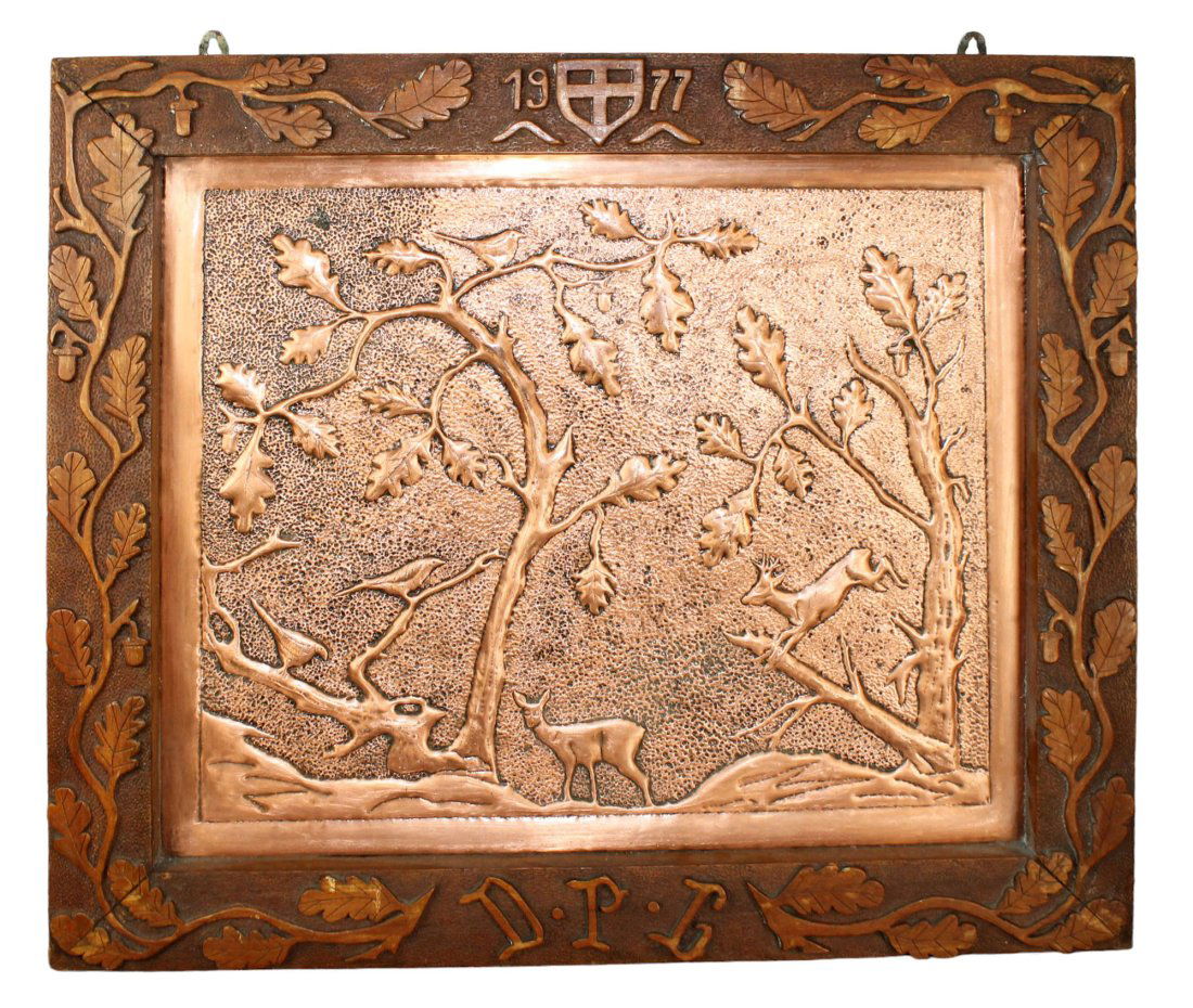 Swiss copper relief panel in Black Forest carved frame with oak leaves (1 of 7)