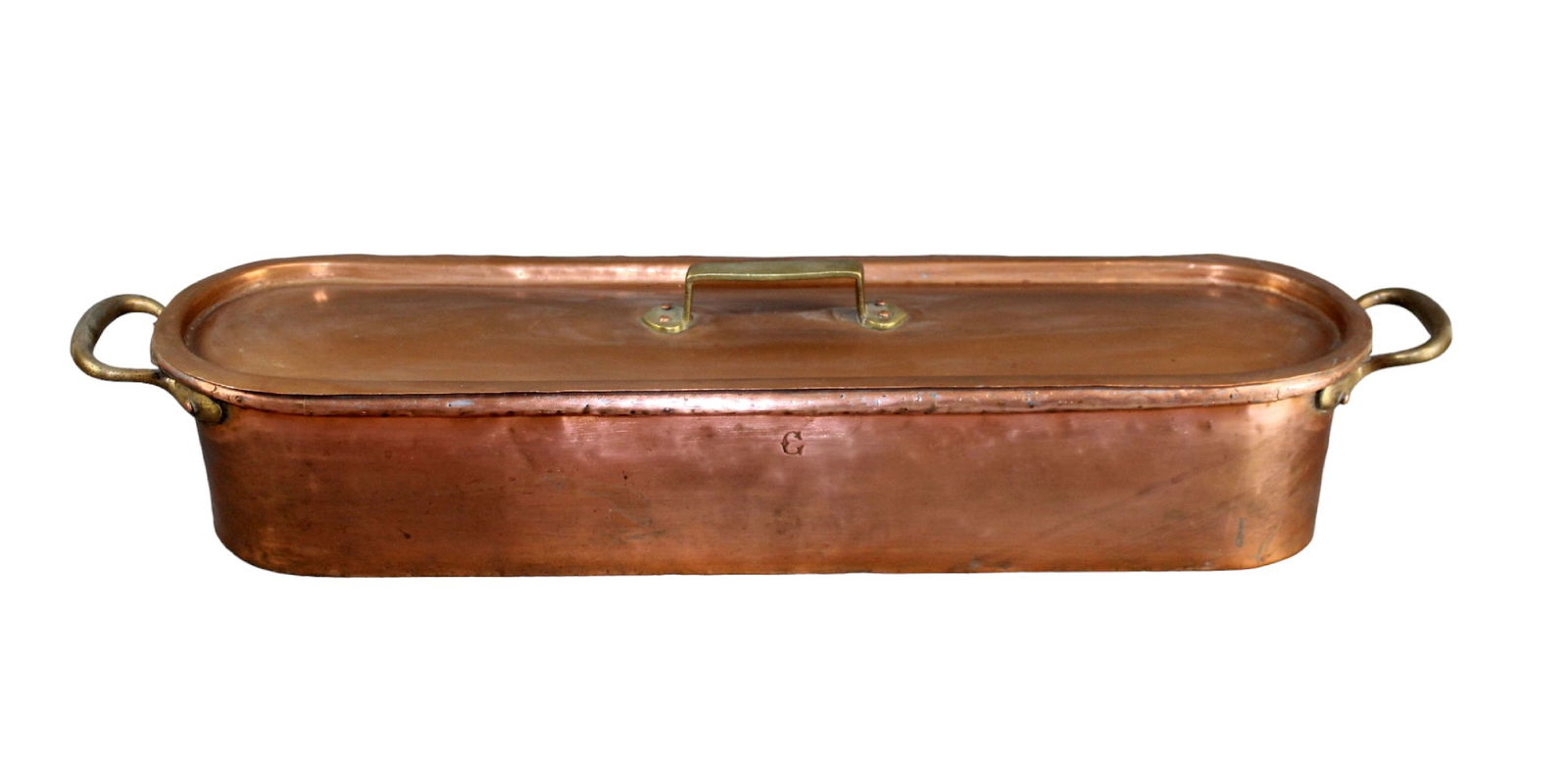 Oversized French copper lidded fish poacher with handles: Oversized French copper lidded fish poacher with handles and removable insert. Initialed with the letter "C". Overall to top of handle 6 1/2"h x 32 1/2"l x 7 5/8"w Pot alone 5 1/2"h x 28 7/8"l x 7 5 /