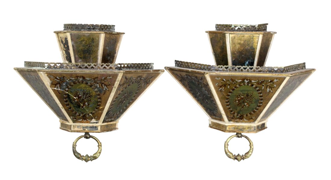 Pair of French wall mount jardinieres with eglomise mirror: Pair of French wall mount jardinieres with eglomise glass. Each measures approx: 13"h x 14 1/2"w x 6 1/2"d. Each weighs approx: 4lbs