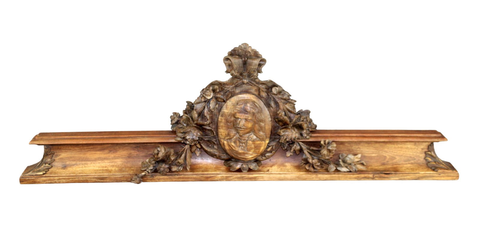French carved walnut overdoor crest with portrait medallion (1 of 12)