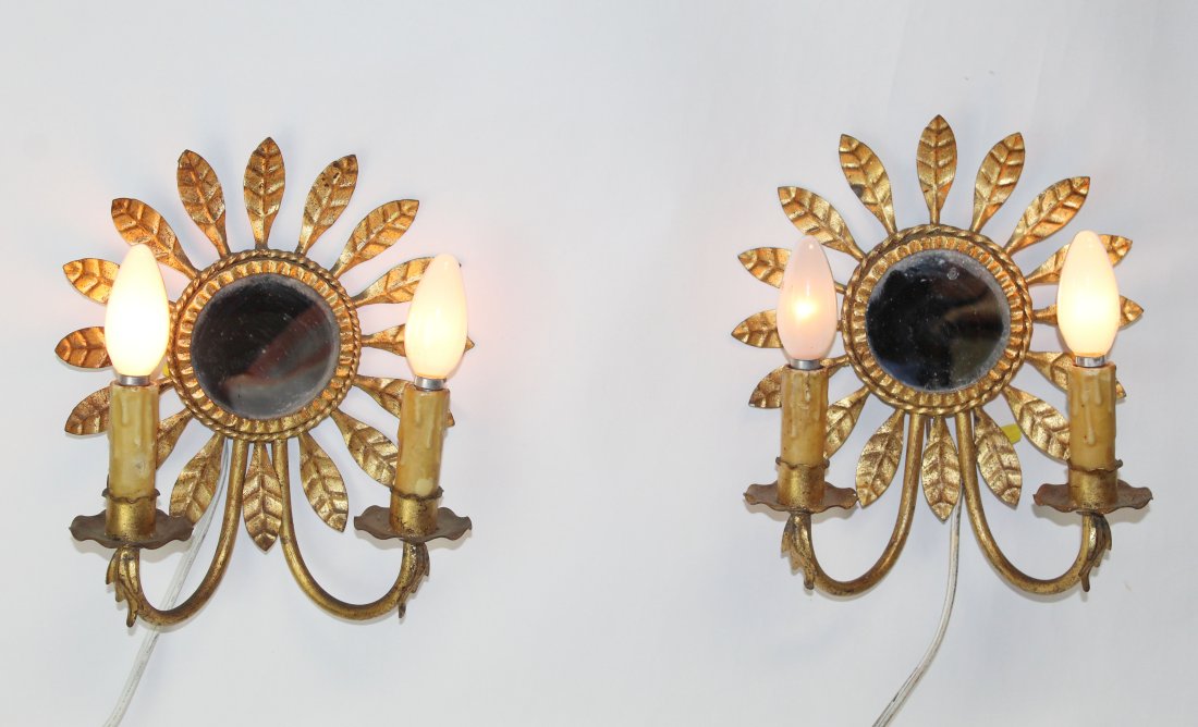 Pair French gilt metal sunburst mirror wall sconces (1 of 7)
