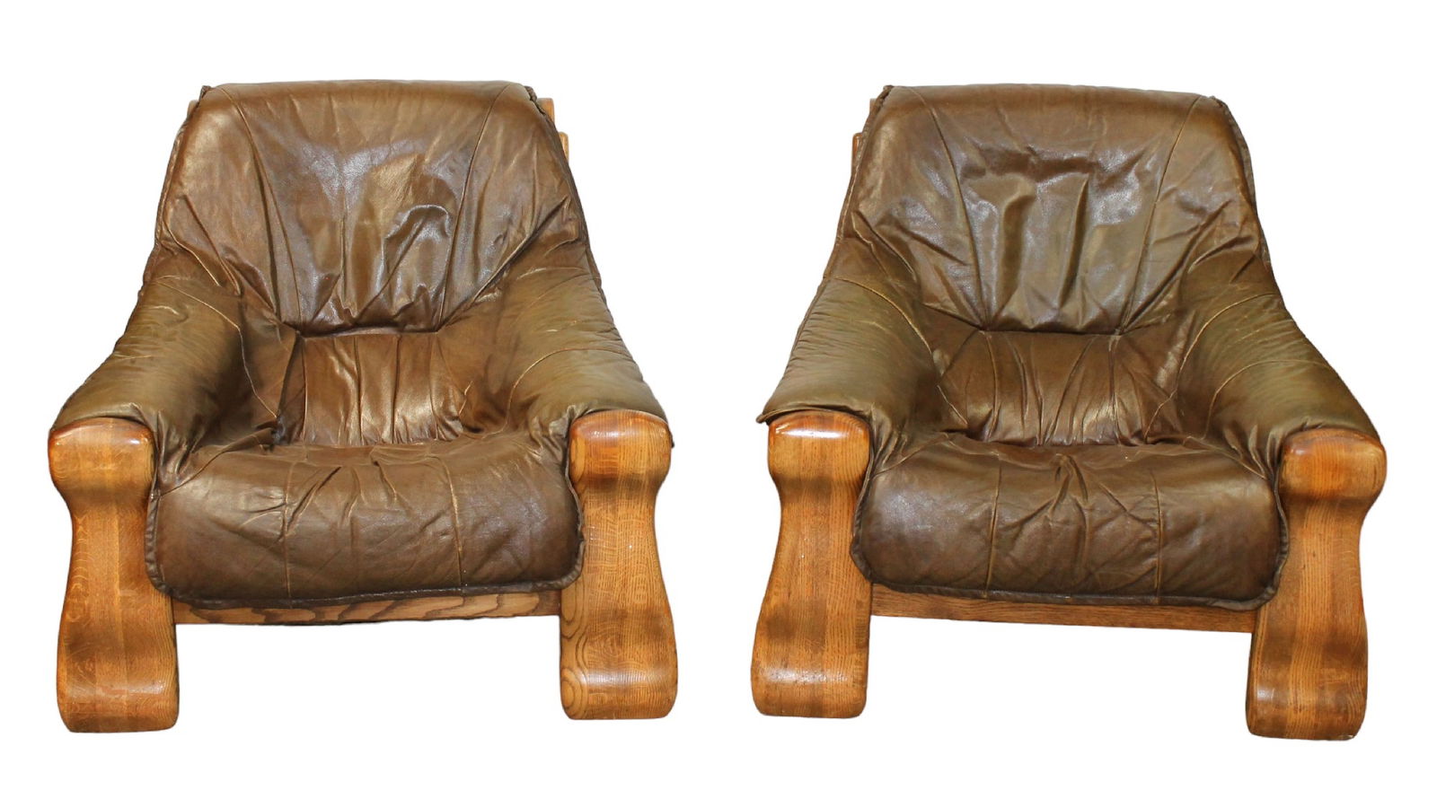 Pair of French Brutalist oak & leather club chairs (1 of 10)