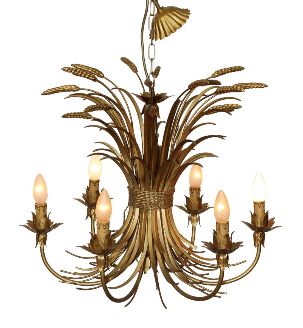 French gilt metal sheaf of wheat chandelier: French gilt metal sheaf of wheat chandelier. 20 1/2" h x 24 1/2"diam