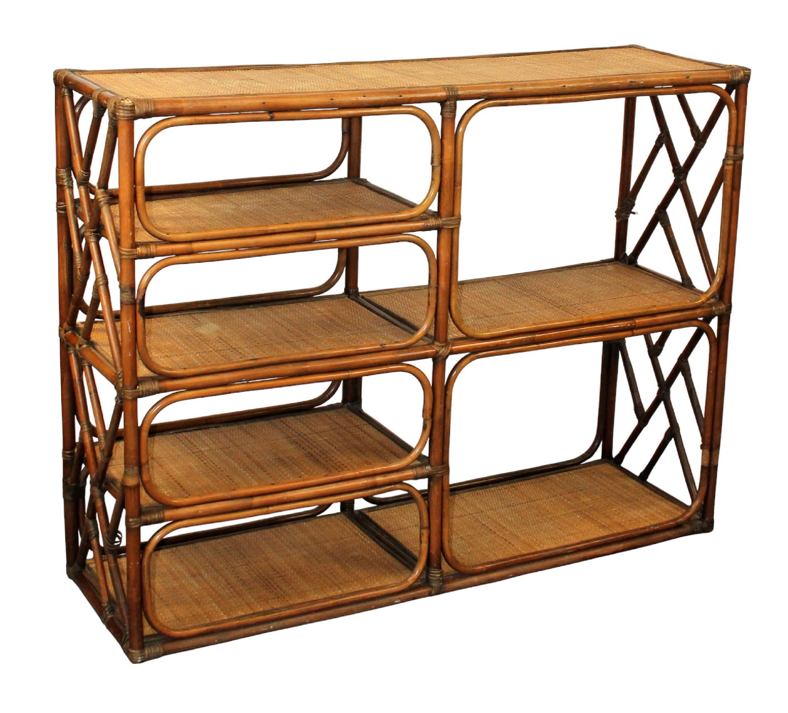 Vintage bamboo and rattan tiered etagere shelf: Vintage bamboo and rattan tiered etagere shelf. Mid 20th century. 42"h x 54 1/2"w x 16 1/2"d