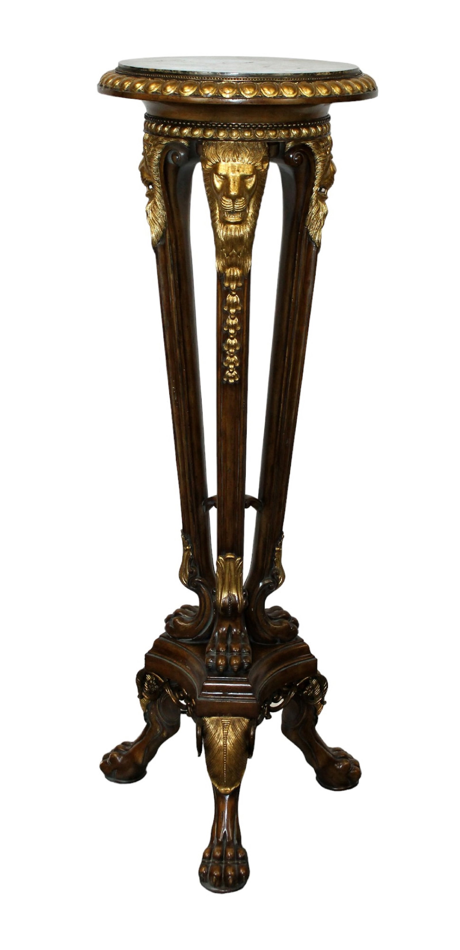 Maitland Smith tall plant stand pedestal with gilt accents and marble top: Maitland Smith tall plant stand pedestal with gilt accents and marble top. 21st century. 49 3/8"h x 17 3/4"dia
