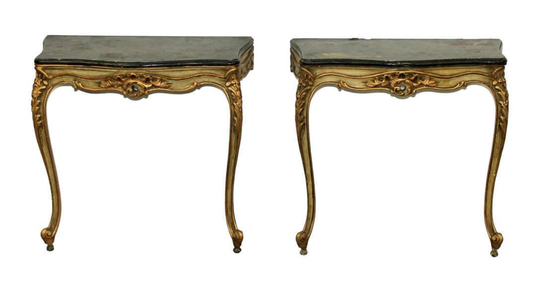 Pair of Louis XV style wall mount bedside console tables: Pair of Louis XV style wall mount bedside console tables. 20th century. 23 1/2"h x 24 1/2"w x 12 1/2"d