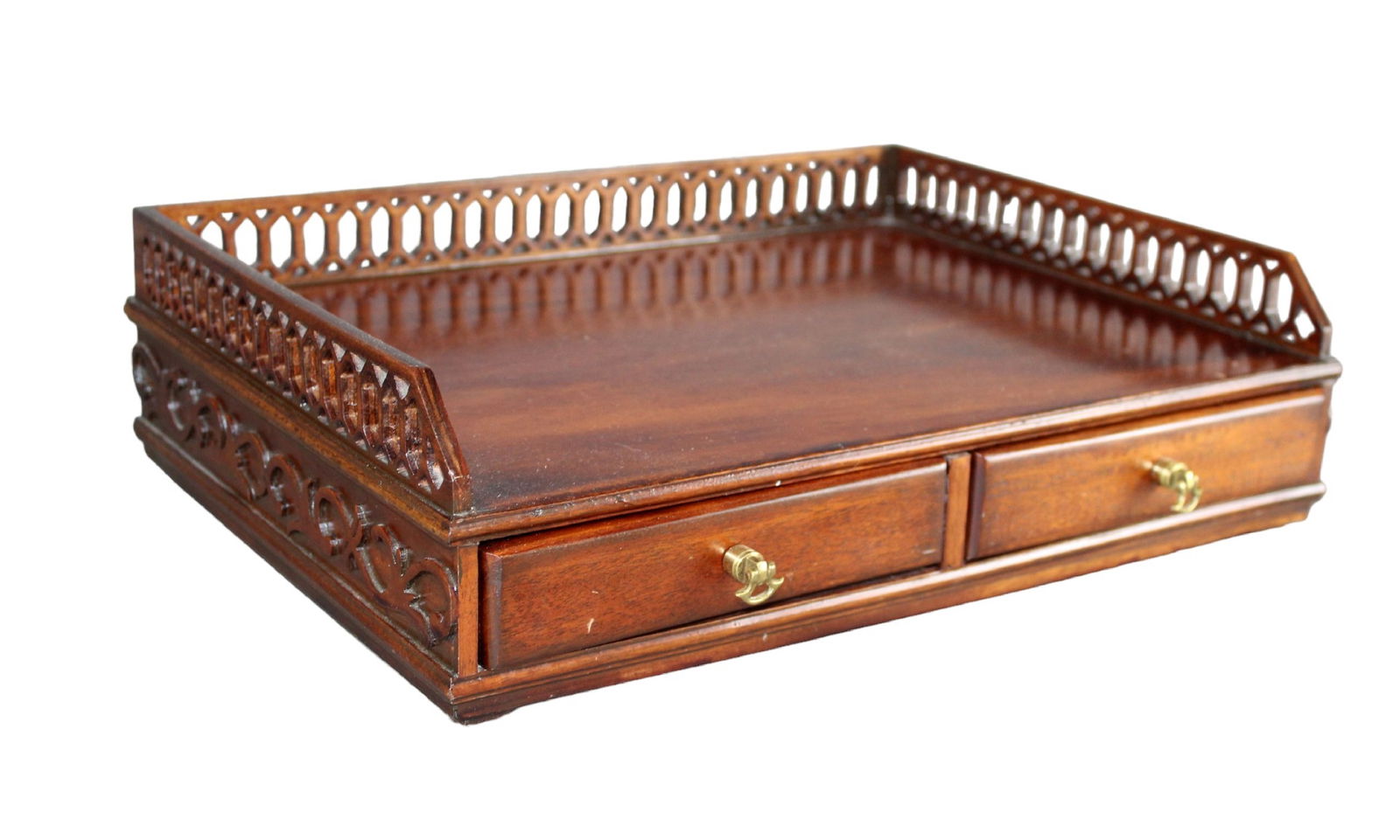 Chippendale style letter tray in mahogany with fretwood gallery (1 of 8)