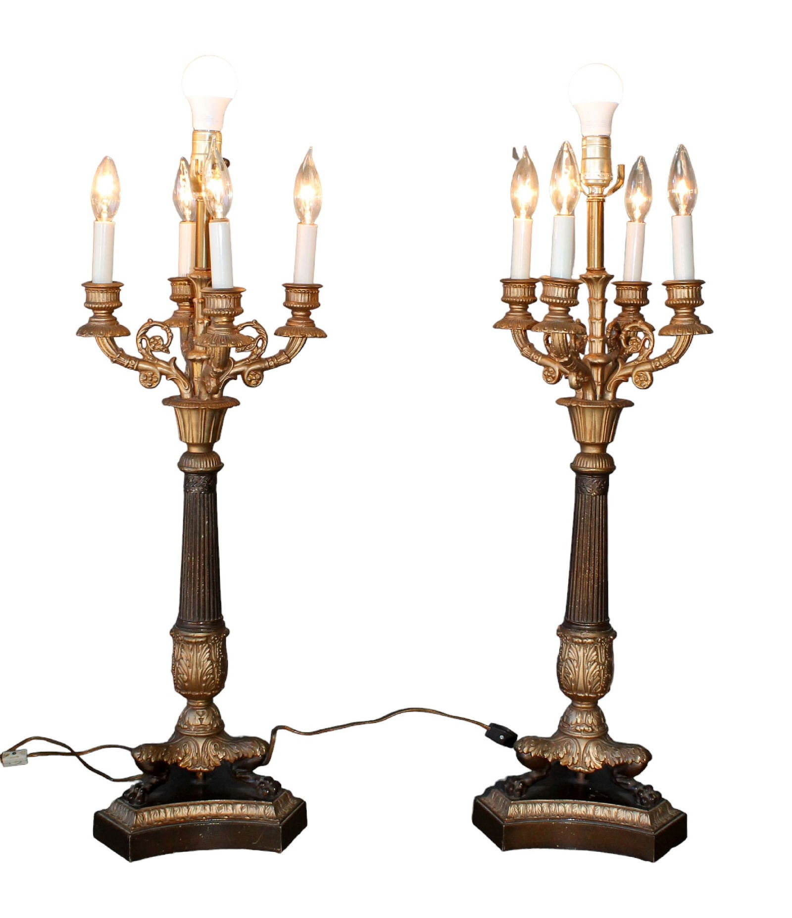 Pair painted metal fluted column lamps on paw feet (1 of 10)