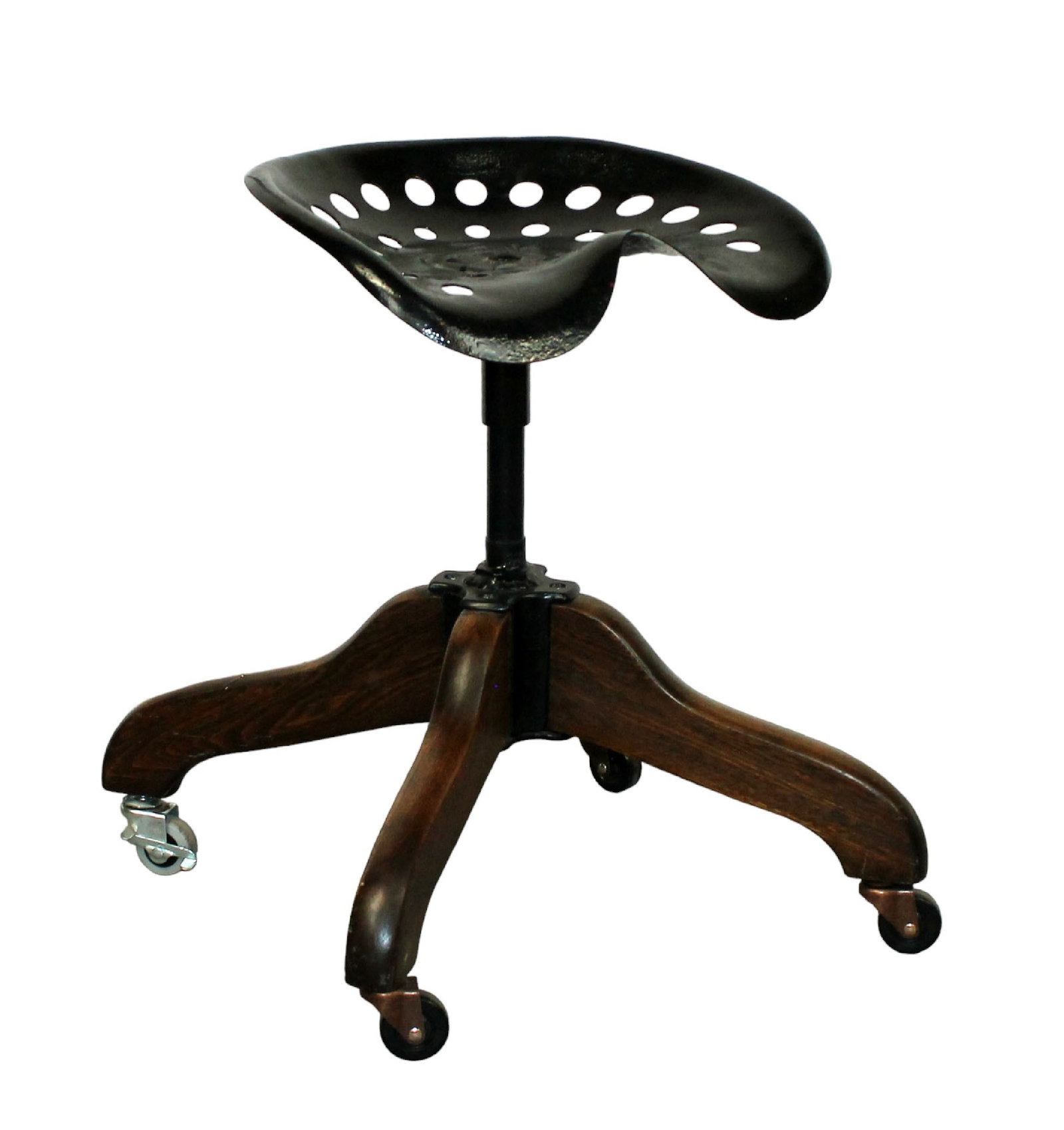 Tractor seat shop chair on casters: Tractor seat shop chair on casters. Modern. 23 1/2"h x 16 7/8"w x 13"d at Seat . Base 26"w