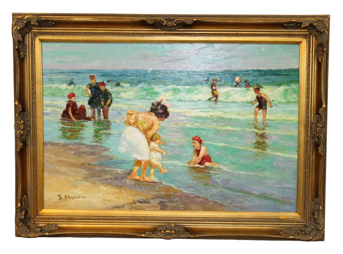 J. Deveau oil on canvas painting beach scene (1 of 7)