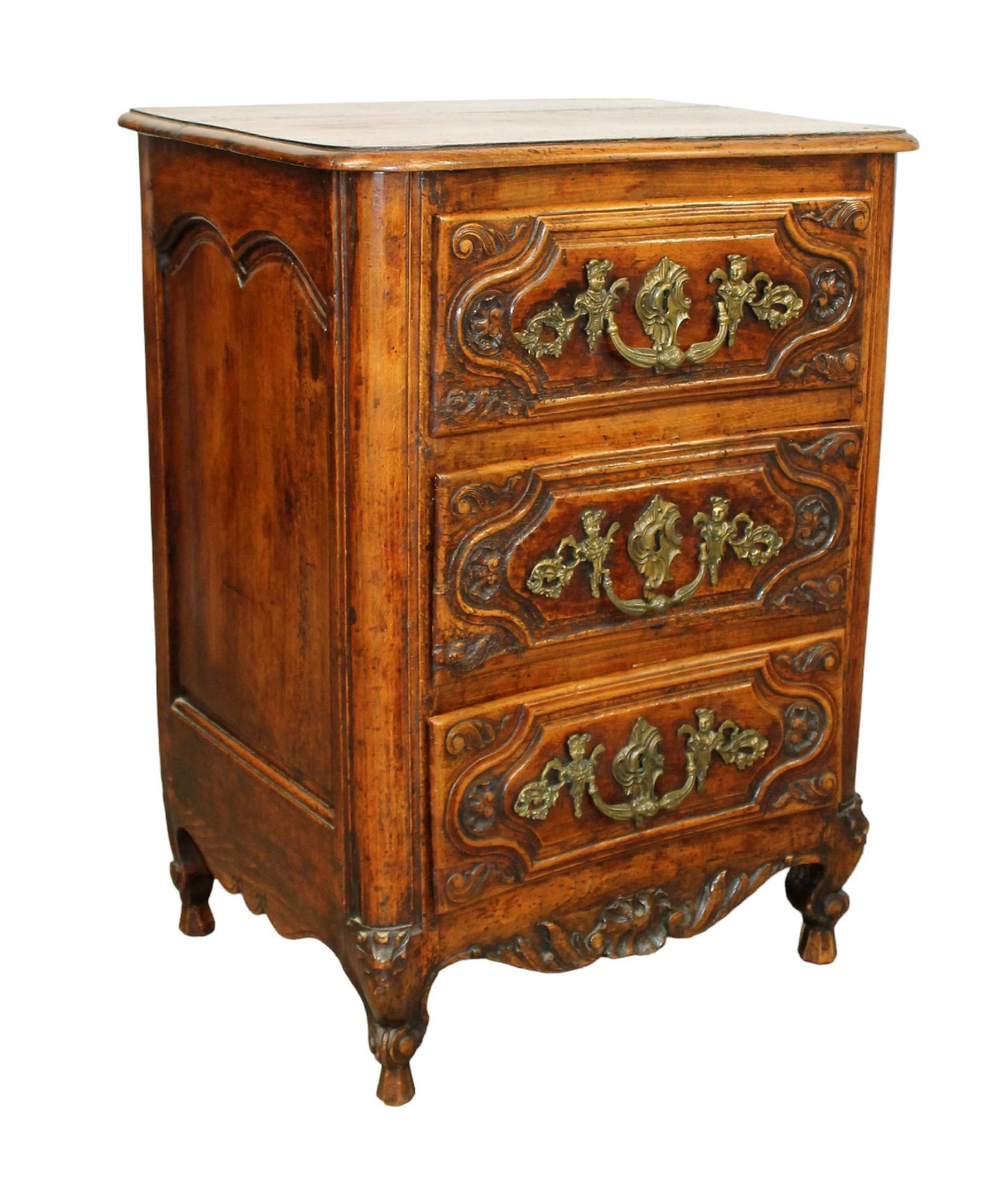 French petite carved walnut 3 drawer commode (1 of 9)