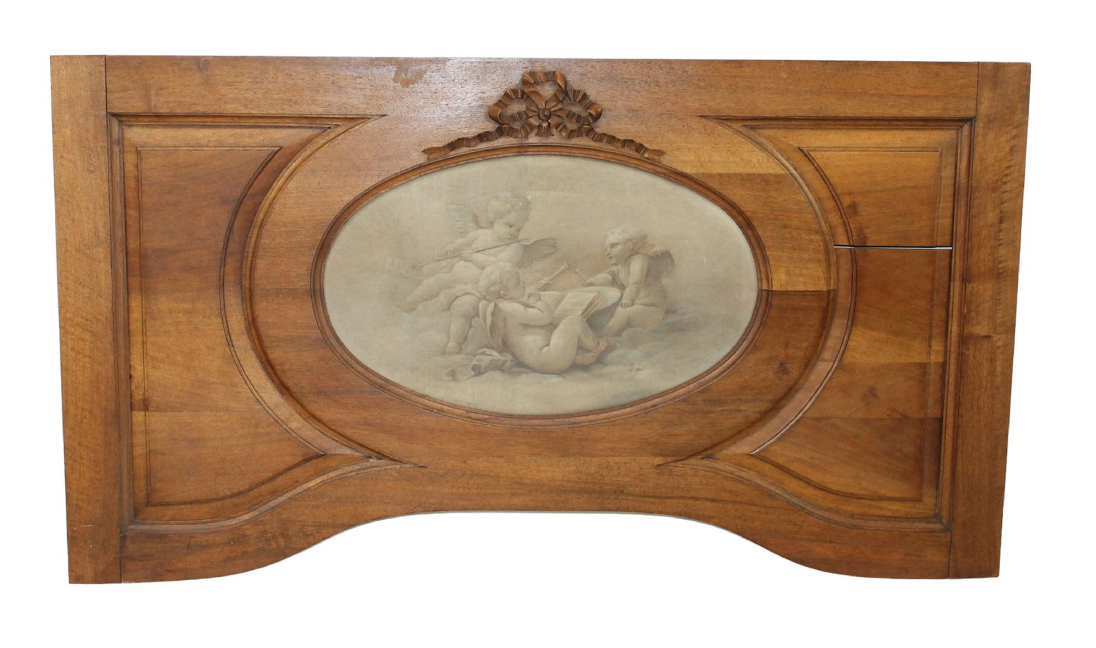 French walnut panel with oval oil on canvas painting of cherubs (1 of 6)