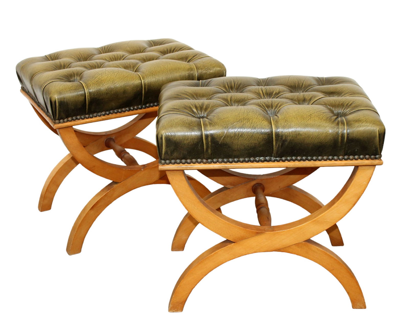 Pair of French tufted leather curule base footstools (1 of 9)