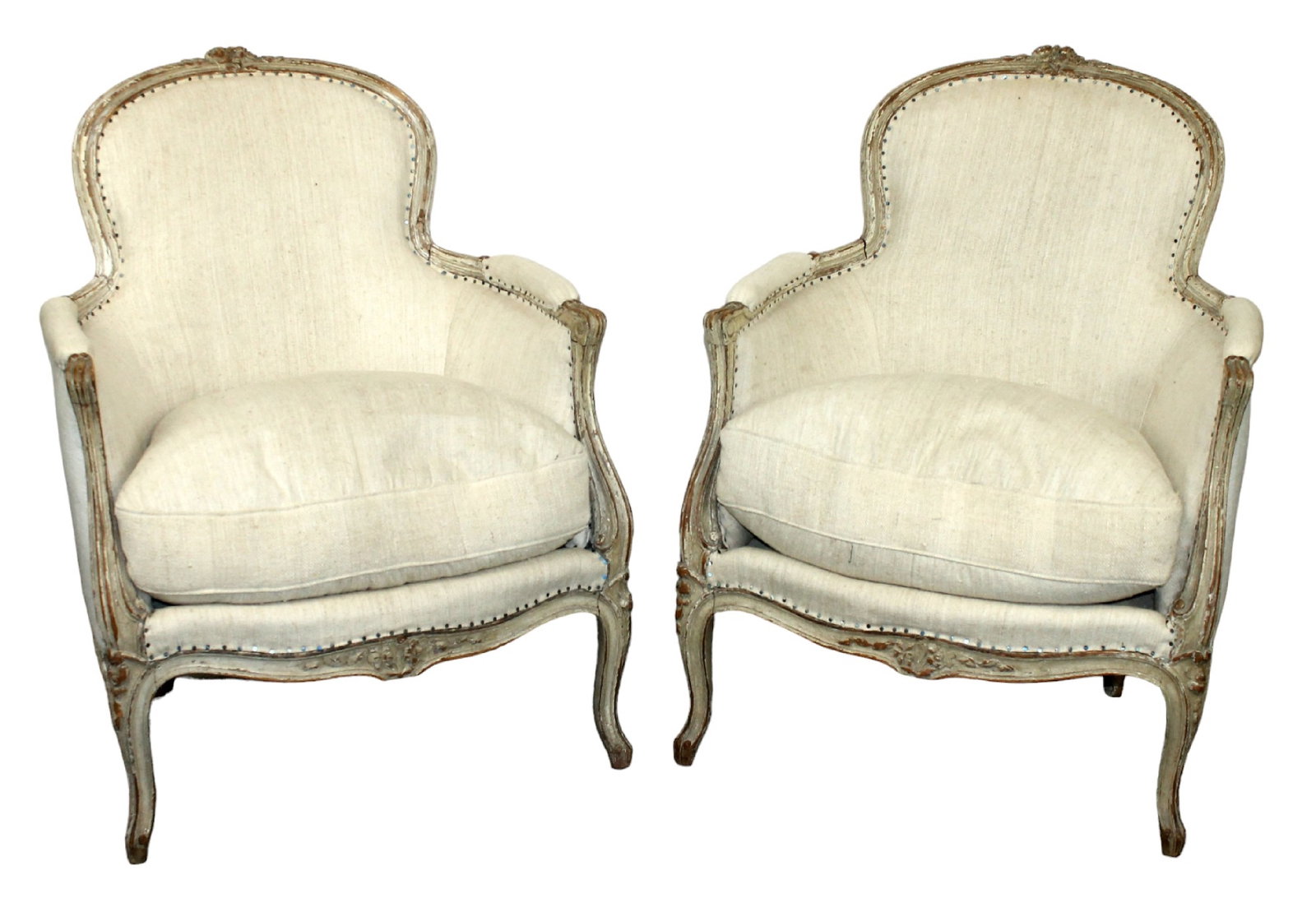 Pair of French Louis XVI bergere armchairs: Pair of French Louis XVI bergere armchairs. Early 20th century. 35"h x 28"w x 22"d, seat height 20"