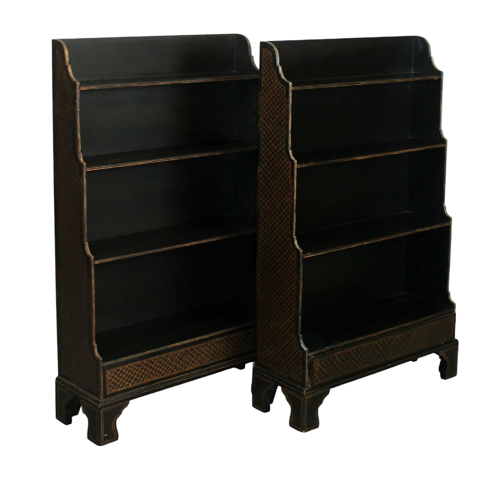 Pair of Chinoiserie waterfall etagere shelves: Pair of Chinoiserie waterfall etagere shelves with drawer. Late 20th century. 42 1/4 x 24 1/4"w x 8 7/8"d