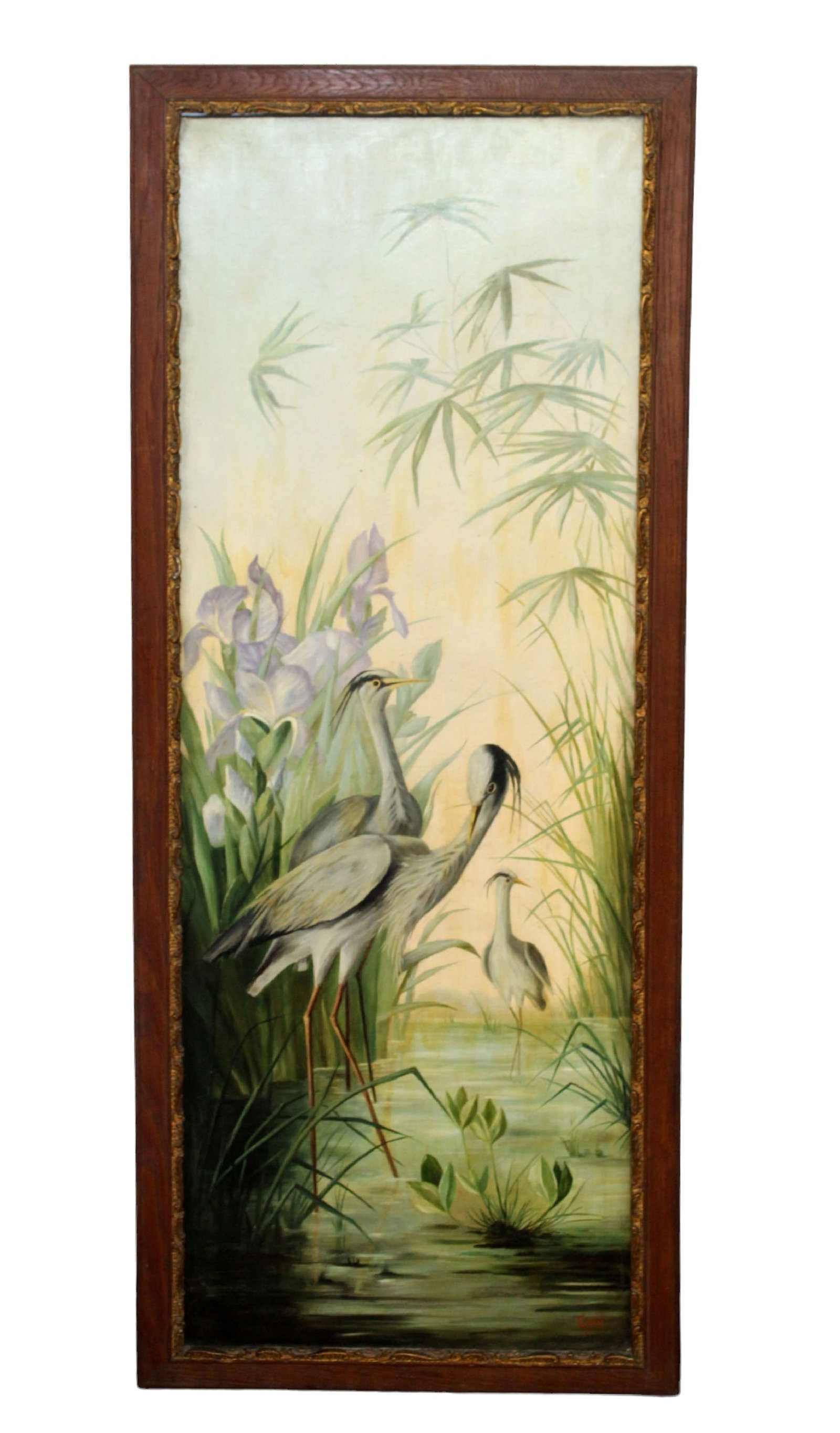 Oil on canvas painting of cranes in water, signed lower right: Oil on canvas painting of cranes in water, signed l/r Theresa. Overall: 42 1/4"h x 16 3/8"w. Sight size: 39 1/4"h 13 1/4"w. Weight: 6lbs