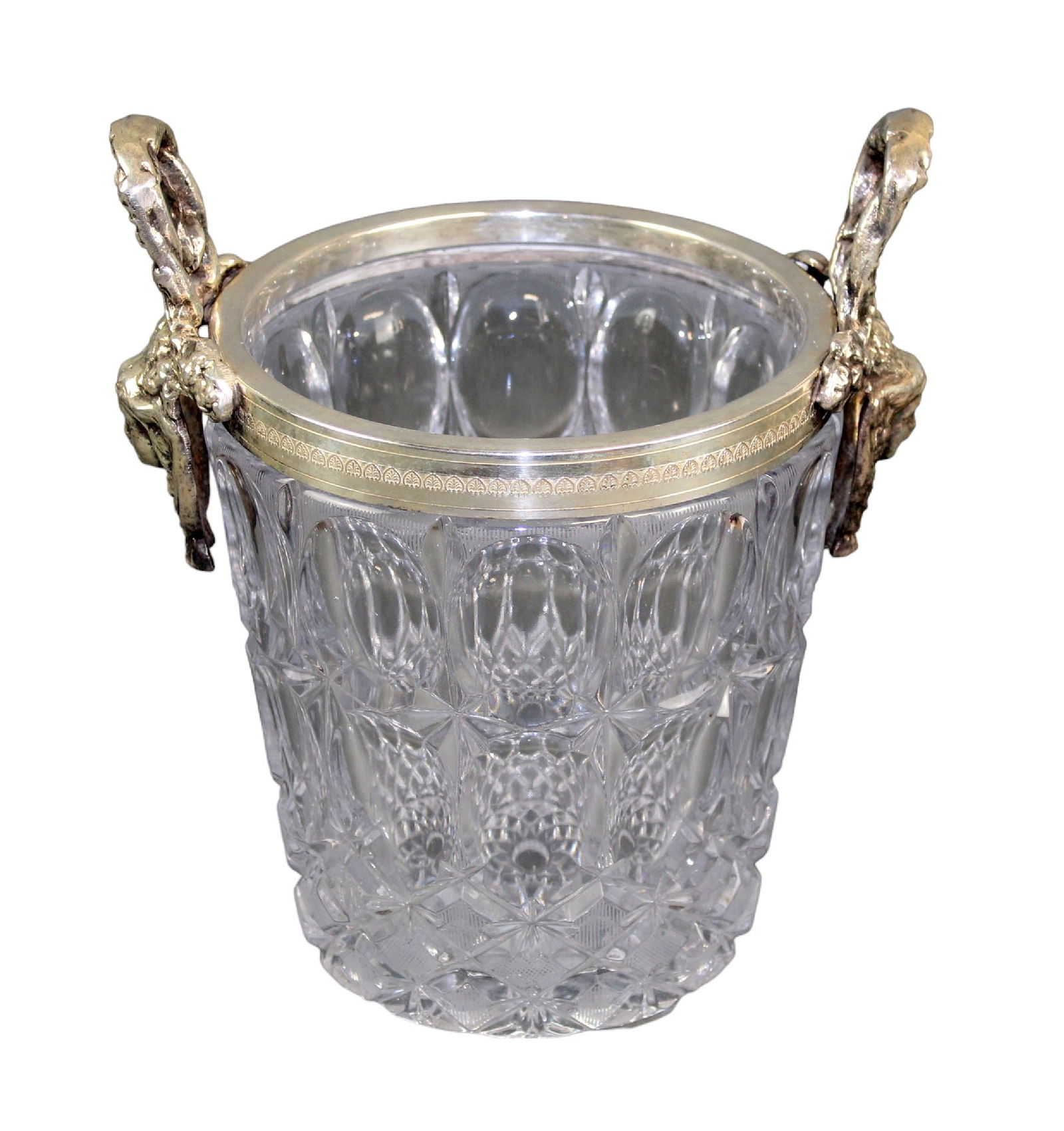 Cut glass champagne bucket with silver plated rim and figural mask handles (1 of 10)