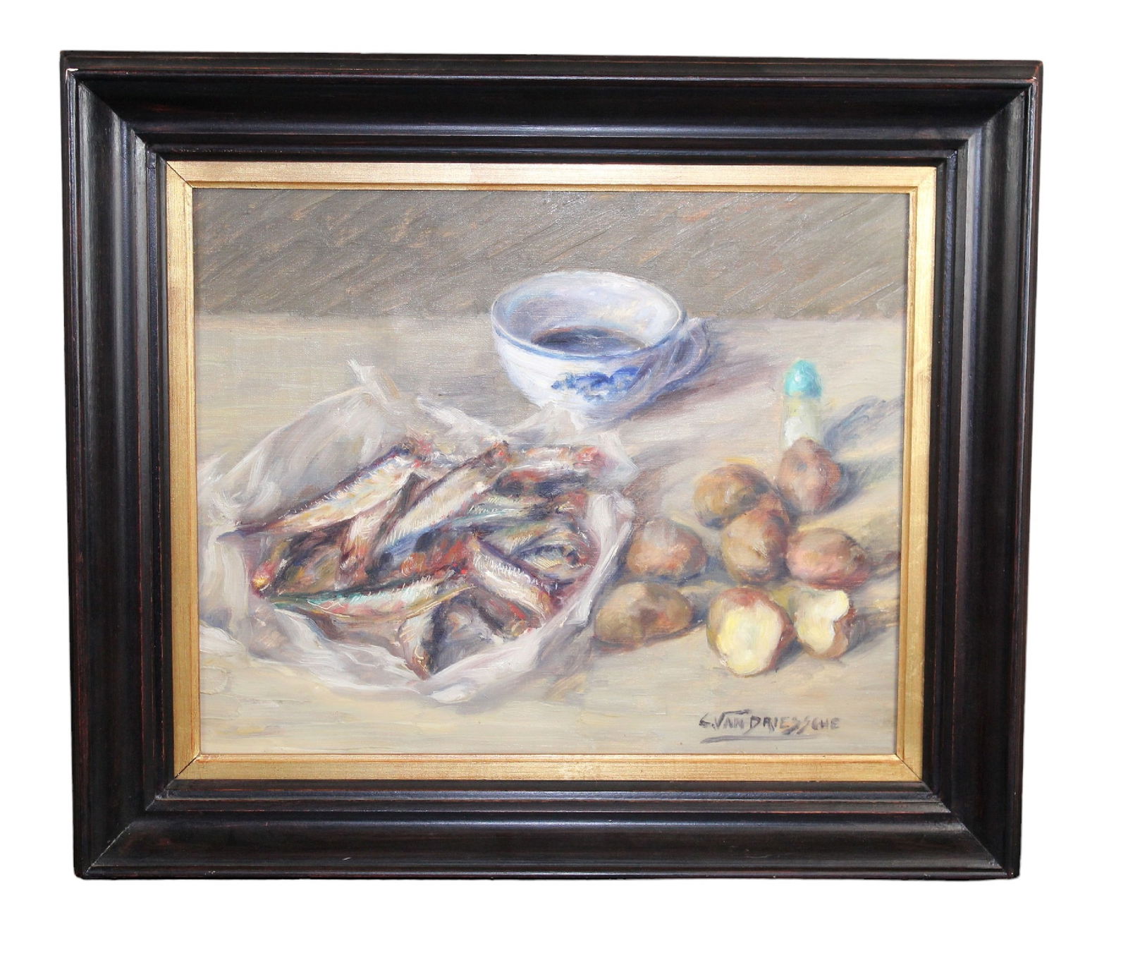 Oil on canvas still life painting with fish and potatoes, signed L. Van Driessche (1 of 10)