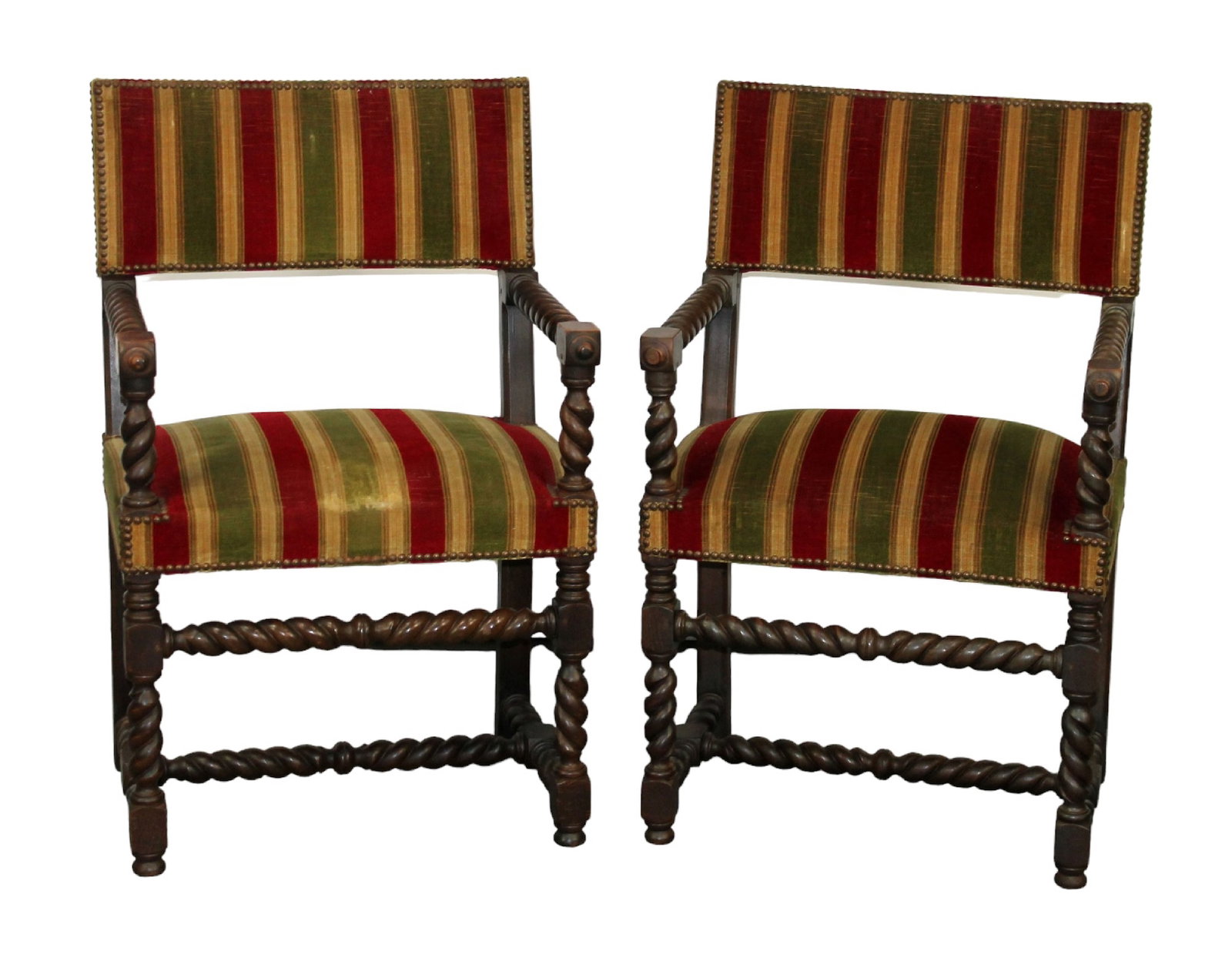 Pair of French barley twist armchairs: Pair of French barley twist armchairs. Early 20th century. 37 1/2"h x 24 1/4"w x 17"d, seat height 20"