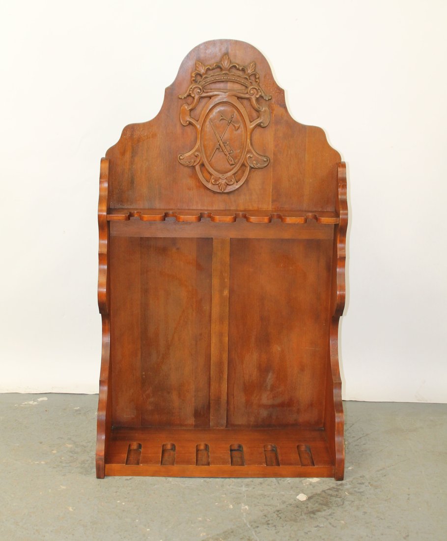 French long gun rack with carved crest with crown: French long gun rack with carved crest with crown. Early 20th century. 58"h x 33 1/2"w x 13 1/2"d