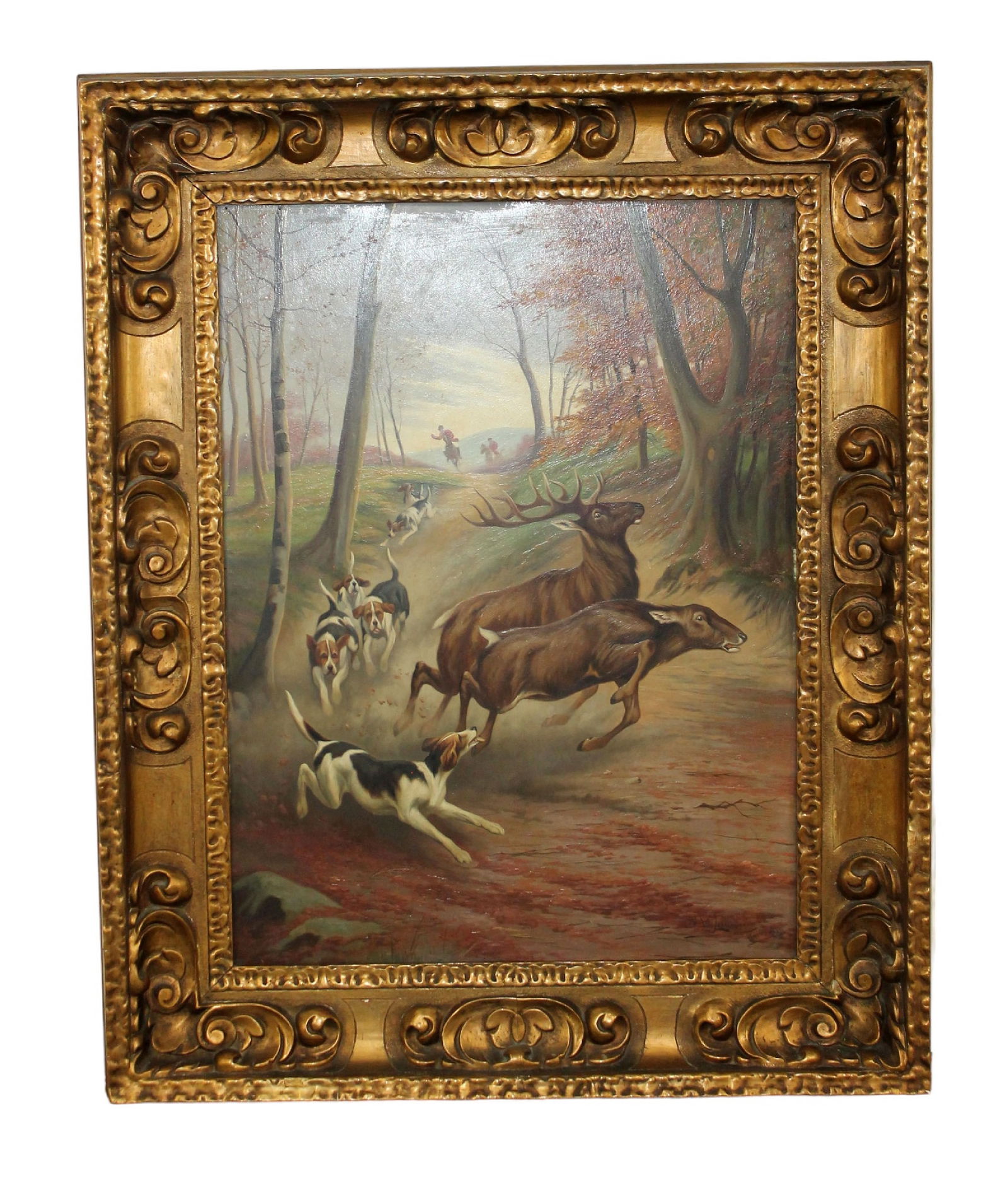 Belgian oil on board 'Hunting dogs with deer in the forest' signed Jeff Van Leemputten (1 of 9)