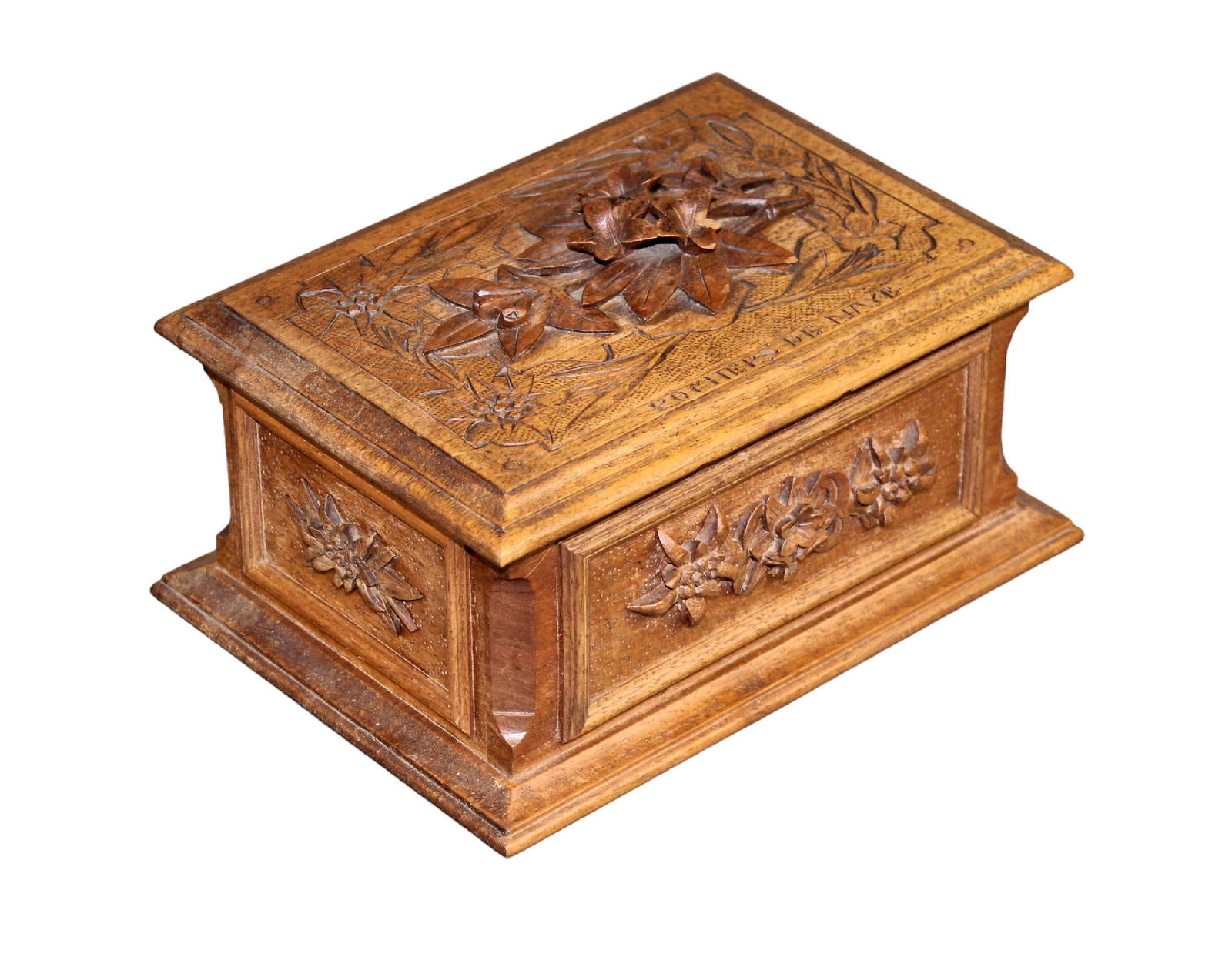 Swiss miniature carved walnut dresser box with flowers (1 of 11)