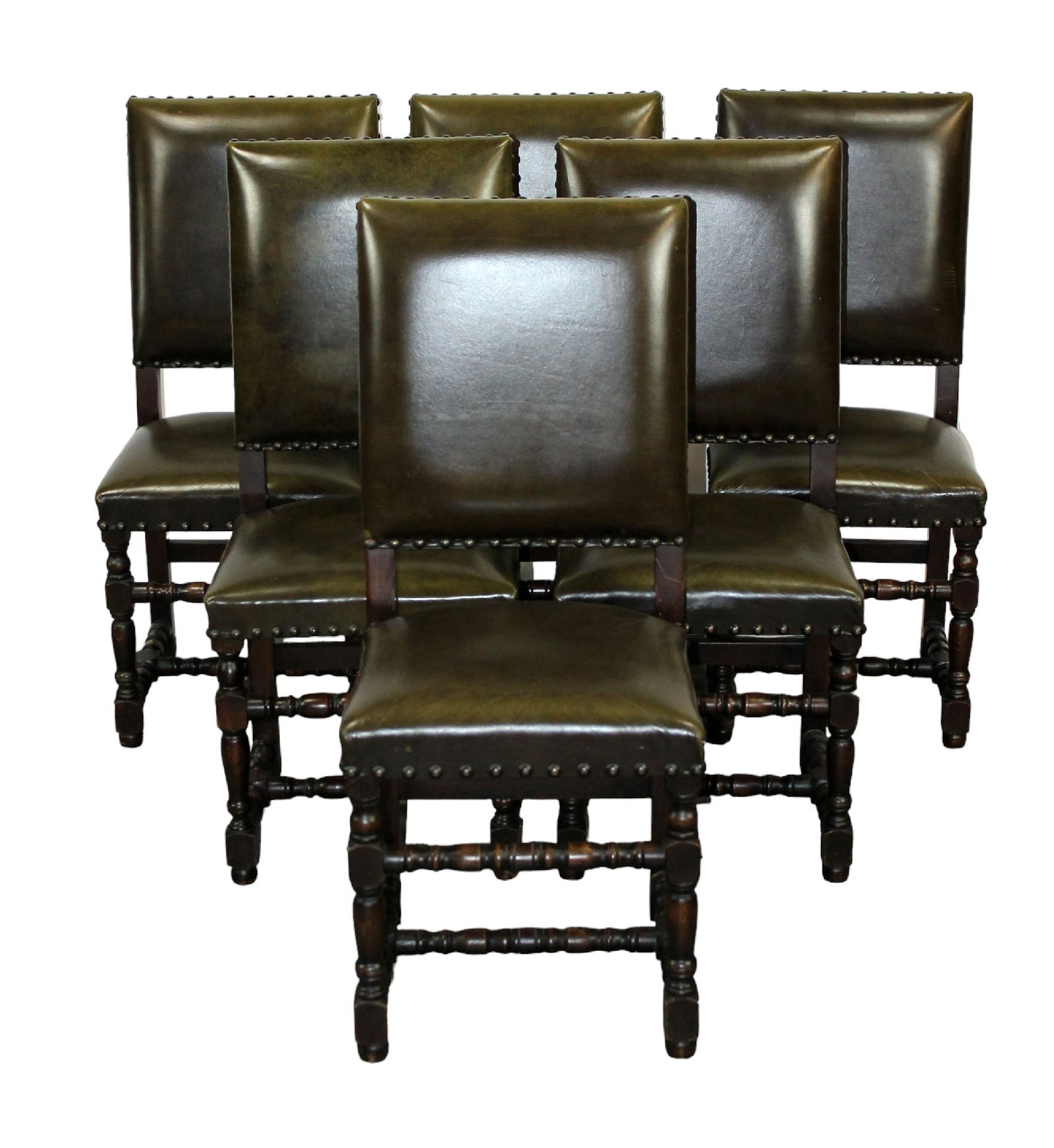 Set of 6 French oak dining chairs with studded upholstery (1 of 8)