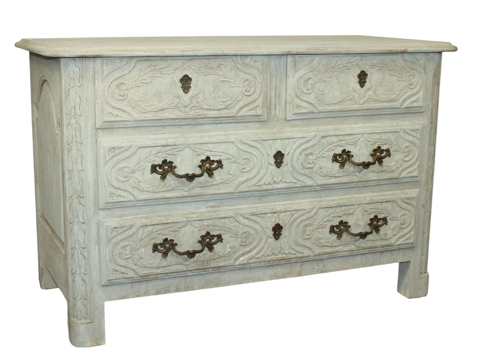 French 2 over 2 drawer commode in painted oak with carved drawers (1 of 10)