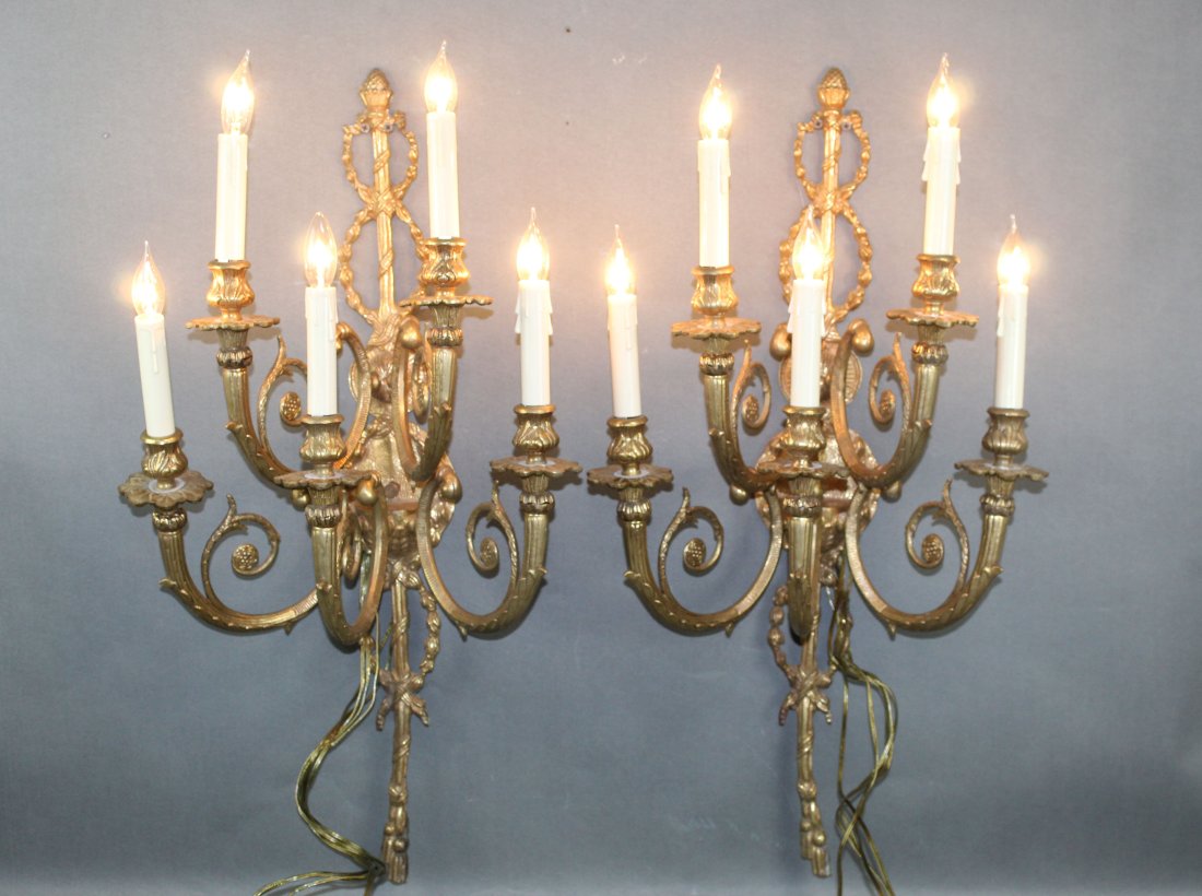 Pair of French gilt bronze 5-arm sconces with wreaths & tassels (1 of 14)