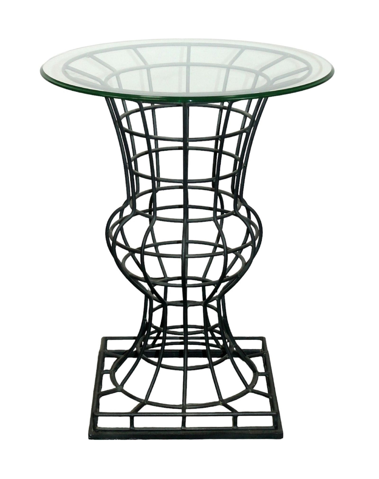 Wire cage base table with glass top: Wire cage base table with glass top . 21st century. 29 1/2"h x 24" dia