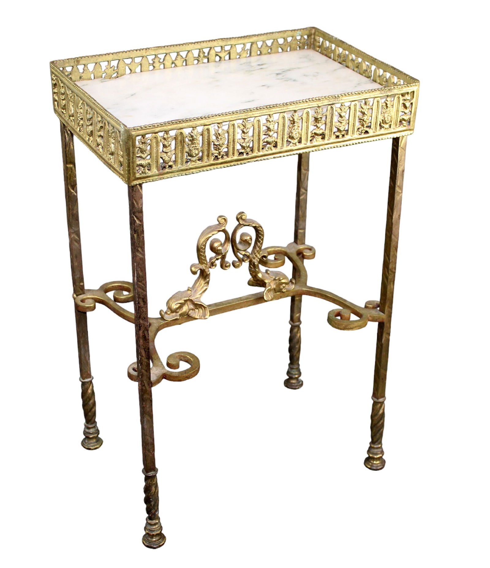 Gilt bronze side table with marble top and mythological dolphins (1 of 10)