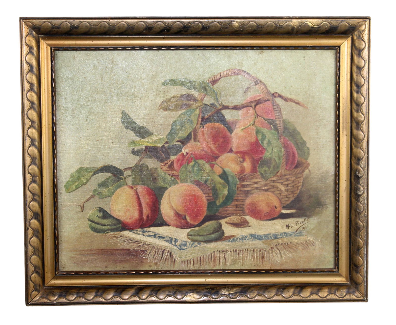 French oil on canvas still life painting with peaches, signed M.L. Pirotti 1931 (1 of 11)