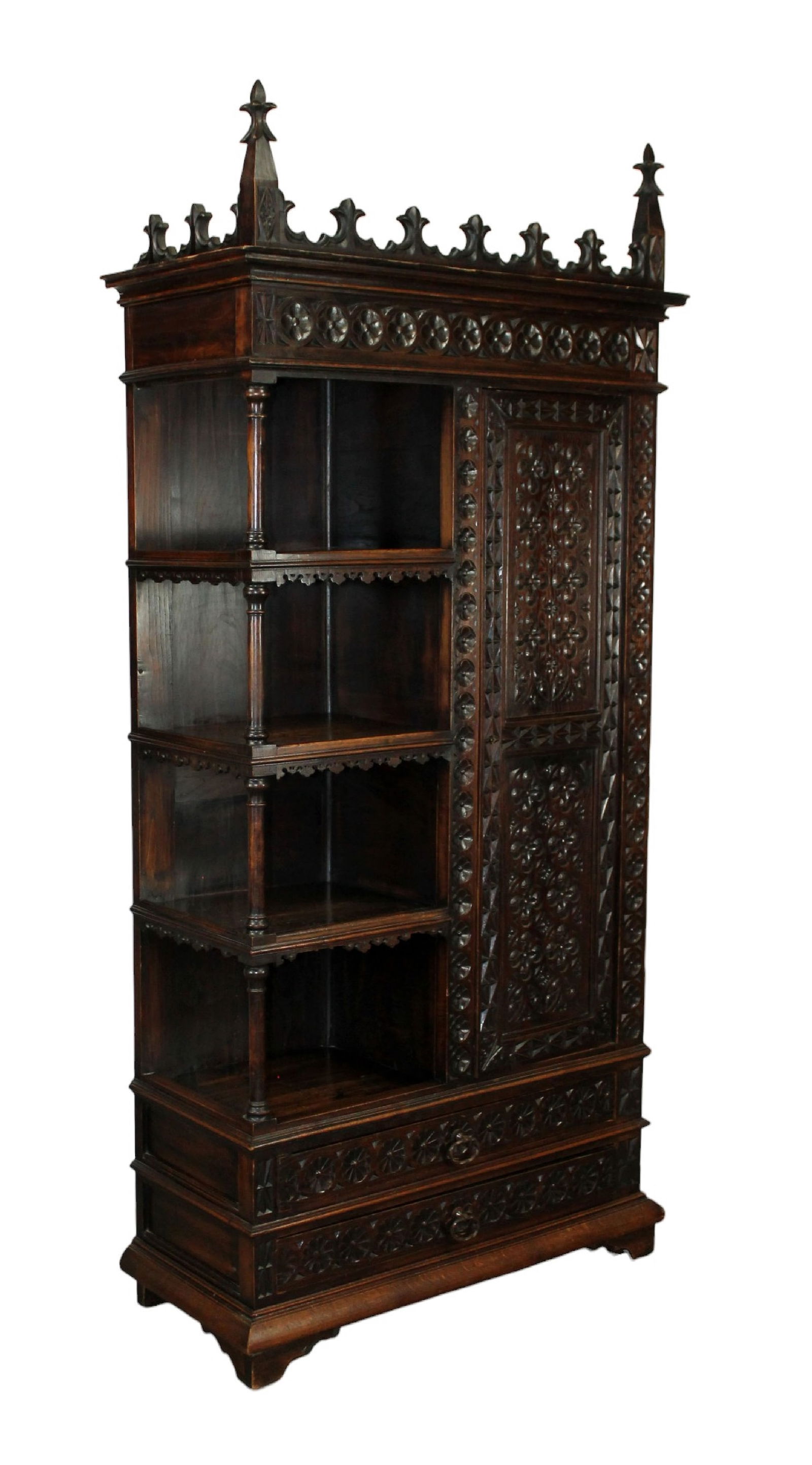 French Gothic Revival bookcase cabinet in carved oak (1 of 13)