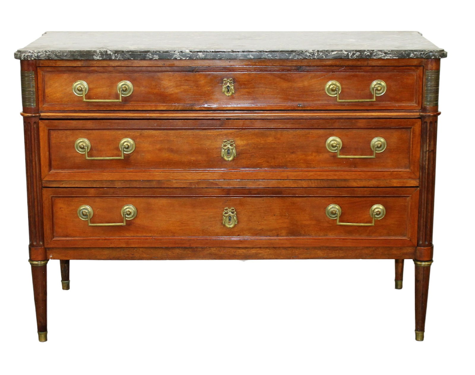 French Louis XVI 3-drawer commode on tapered legs with marble top (1 of 13)