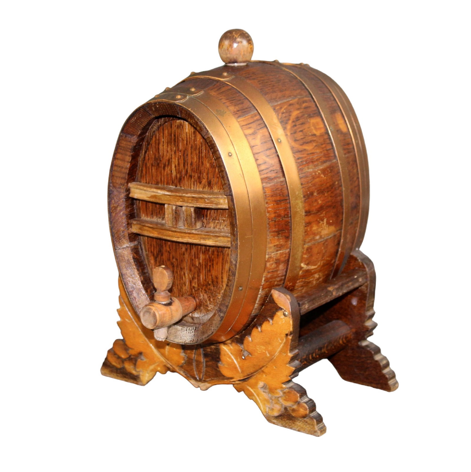 French miniature Ph Foulon oak and copper-banded wine barrel on stand: French miniature Ph Foulon oak and copper-banded wine barrel on stand. Barrel on stand: 1955. 10 1/2"h x 7 1/2"w x 7 3/4"d. Total weight: 4lbs
