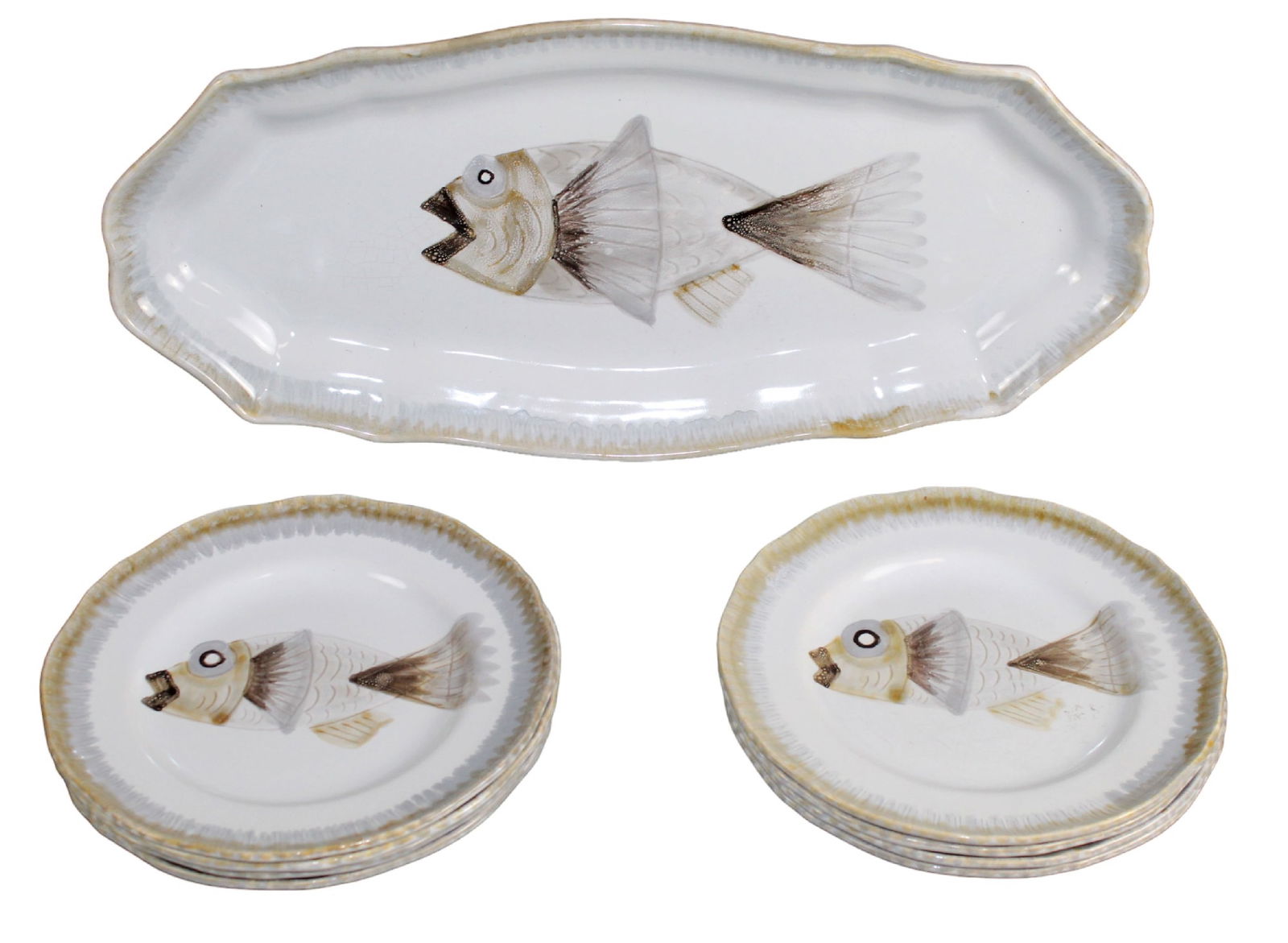 Set of 8 French St Amand faience fish plates and 1 platter (1 of 10)